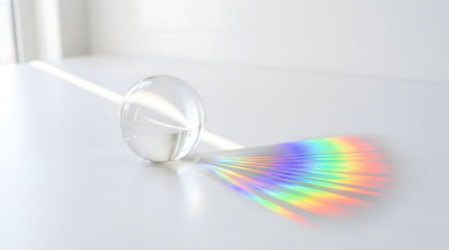 Clear crystal glass ball prism resting on white table refracting incoming beam of sunlight into colorful multi-hued rainbow spectrum rays for optical science and physics experiment concept