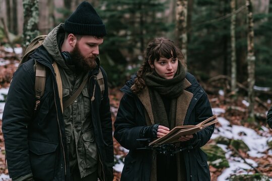Young hikers examining a map together in a snowy winter forest with pine trees and rugged winter wear
