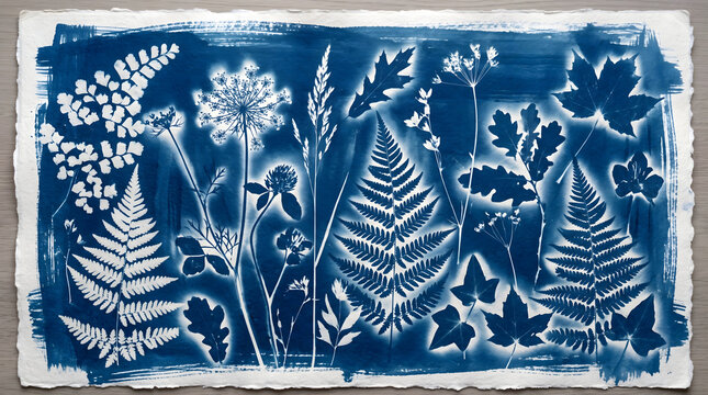 Traditional cyanotype botanical sun print on deckle edge paper with white silhouettes of ferns clover dandelion and oak leaves on Prussian blue background for rustic vintage artistic decor