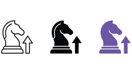 Three variations of a chess knight horse head with an upward pointing arrow, displayed in outline, solid black, and purple colors © Monowara