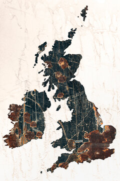 Weathered digital collage map of United Kingdom and Ireland