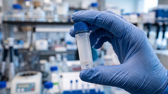 close-up of a laboratory professional's gloved hands holding a small sterile cryogenic specimen vial, frosted plastic surface and secure screw cap, blue nitrile gloves, advanced biomedical research