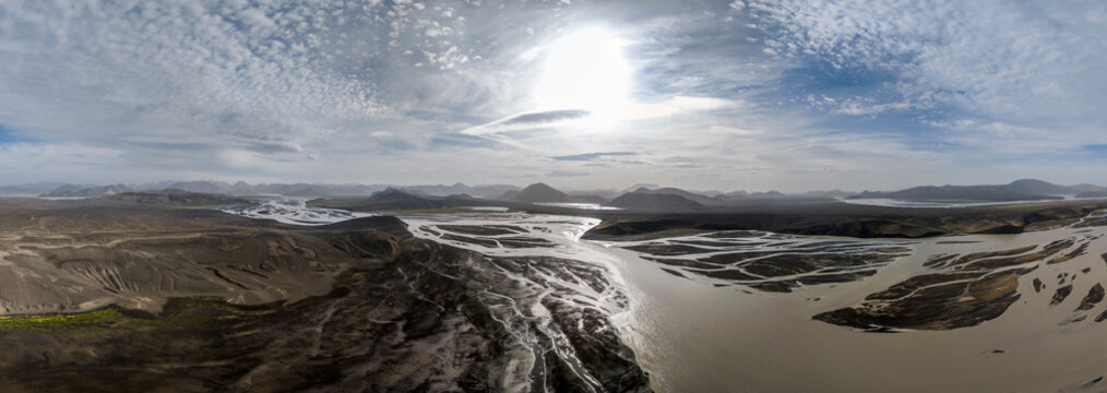 Aerial view of Tungna� glacial river in Iceland highlands