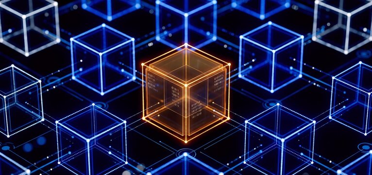 Abstract digital network of interconnected glowing cubes and binary code representing data flow and blockchain technology with a central orange cube.