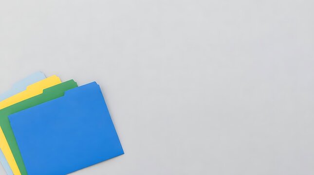 Colorful paper folders are arranged neatly on a plain white surface in a top down view.