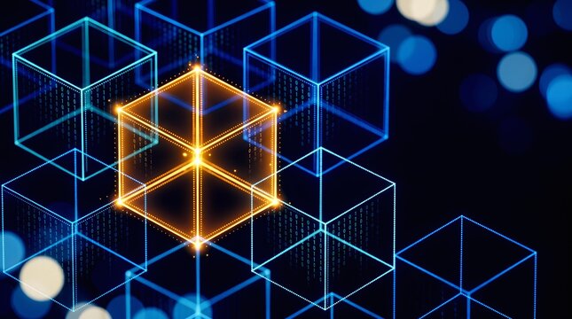 Abstract glowing digital cubes with binary code patterns forming a network grid highlighting one central orange cube with bright light in a dark futuristic technological background.