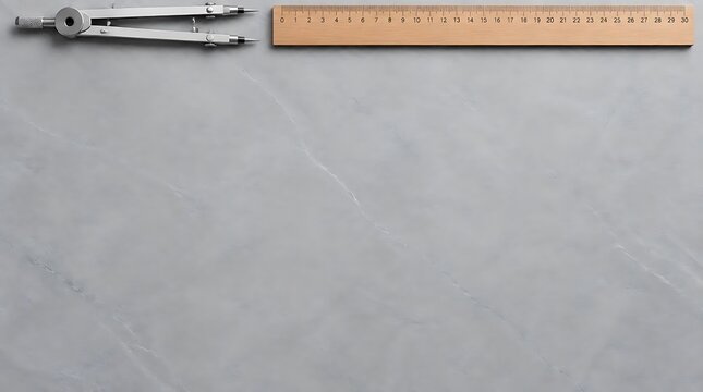 Metal compass and wooden ruler arranged on a grey marble surface for measurement tasks.