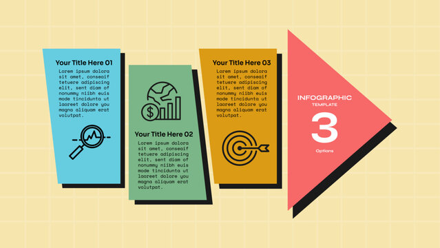 arrow infographic template with three point slanted card triangle arrowhead layout, neobrutalism flat style
