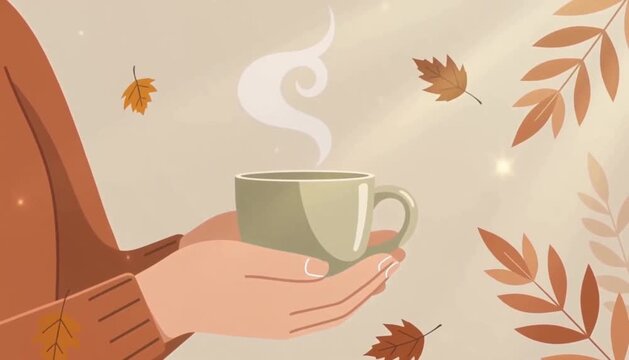 Hands holding a warm mug of steaming coffee surrounded by falling autumn leaves and soft light cozy seasonal concept