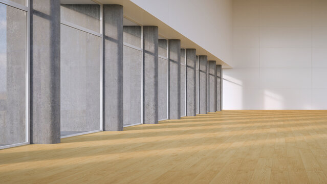 Empty hall with plank flooring, 3D Rendering