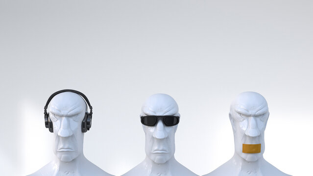 Busts representing the three monkeys, 3D Rendering