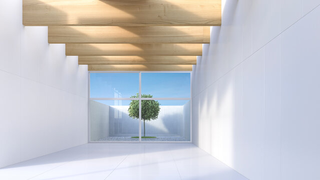 View through white hall to single tree standing in a courtyard, 3D Rendering