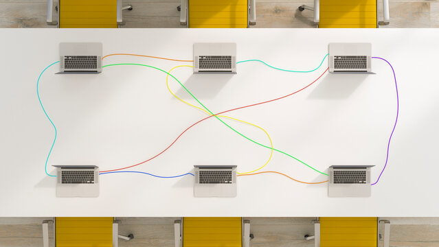 Conference table with connected laptops, 3d rendering