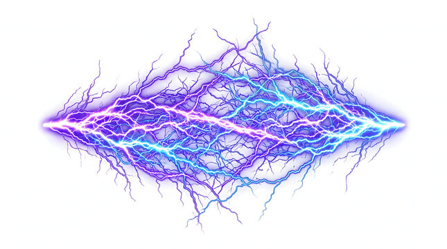 Bright horizontal electric lightning discharge flash with intense violet and cyan sparks exploding across pure white background for power energy and electrical storm design banner concept