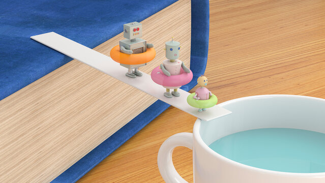 Robot family with floating tires taking a bath in a cup of water