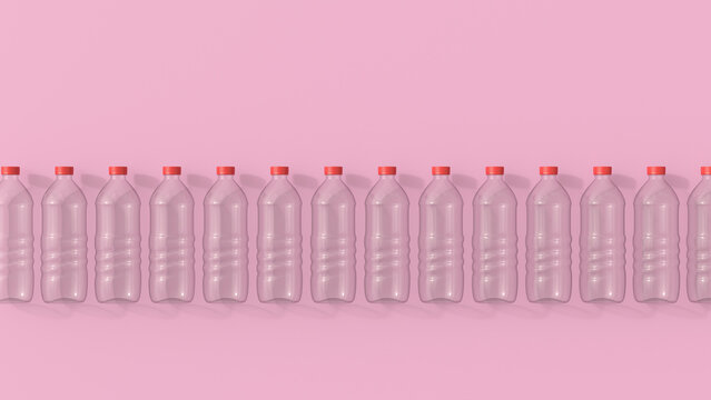 3D rendering, Row of plastic bottles on pink background