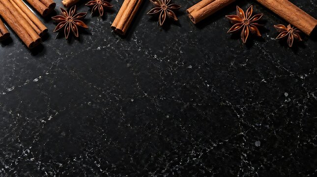 Whole cinnamon sticks and star anise pods frame the top edge of a dark black marble surface with copyspace.