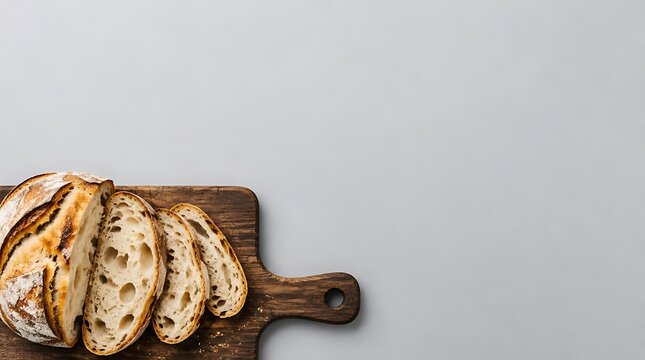 Freshly baked sourdough bread loaf sits sliced on a rustic wooden cutting board over a light gray background with copy space.