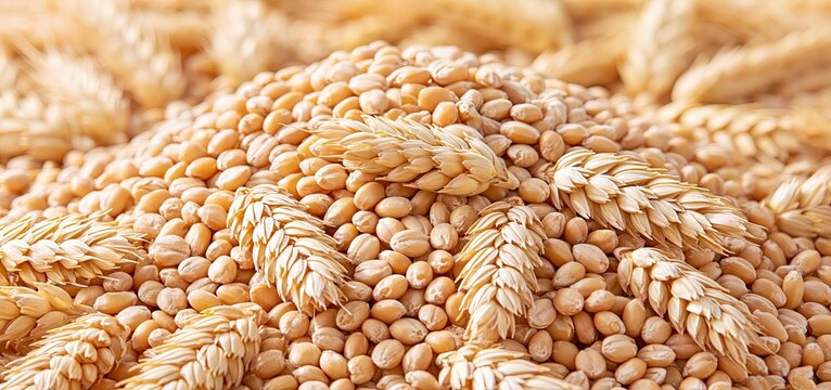 Sunlit golden wheat kernels highlighting natural texture and color for seasonal agricultural marketing.