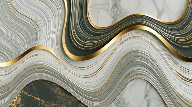 Abstract white and dark green marble texture background featuring elegant curved golden lines and sophisticated patterns