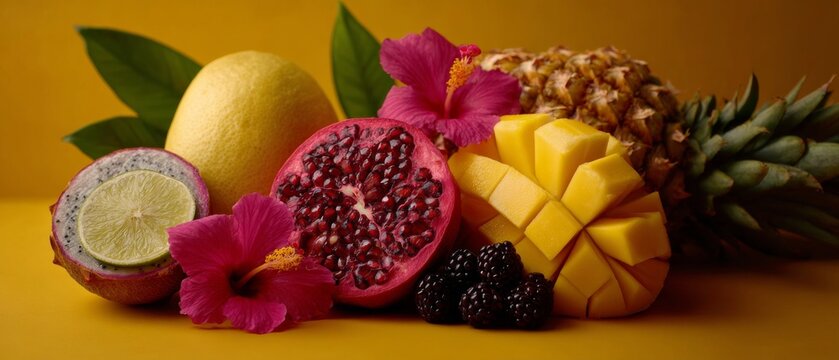 A colorful arrangement of tropical fruits including pineapple, mango, pomegranate, and blackberries with pink flowers on a yellow.