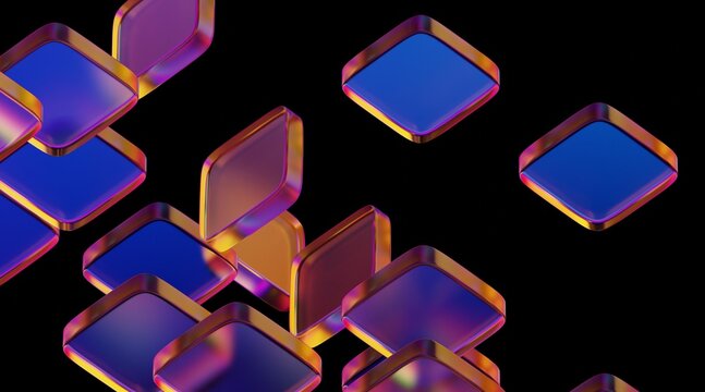 3d render, abstract iridescent glass cubes blocks on a black background, with reflections, transparency design.