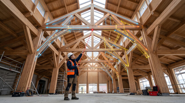 Construction engineer wearing hardhat and safety vest using red laser distance meter with augmented reality digital vector overlay on wooden roof trusses inside modern timber frame building