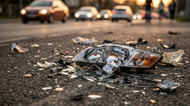 Shattered headlight and scattered glass fragments litter the asphalt after a serious car crash road accident, with blurry traffic moving in the background during golden hour