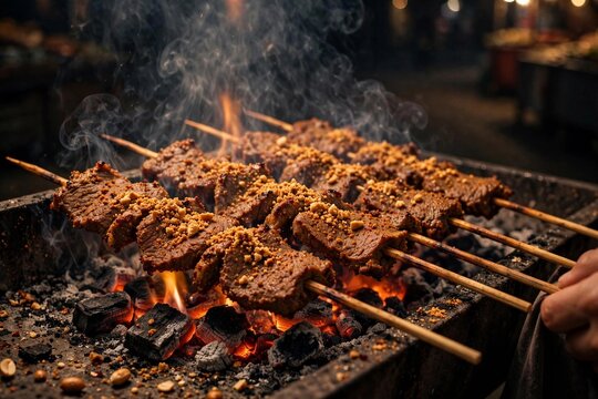 Nigerian suya skewers grilling over charcoal with smoke, spiced beef street food close-up