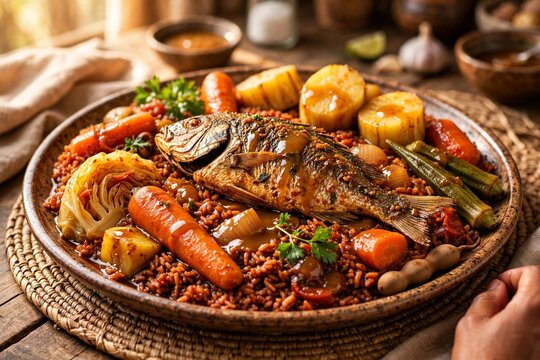 Senegalese thieboudienne platter with red rice vegetables and whole fried fish