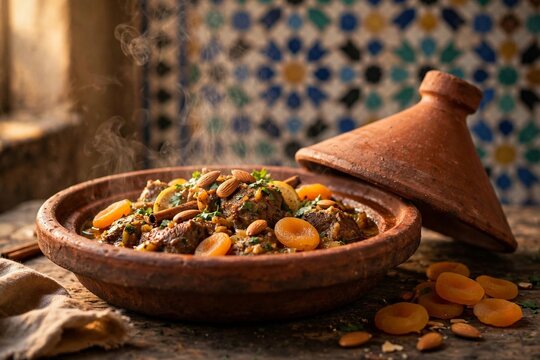 Moroccan lamb tagine with apricots and almonds in traditional clay pot with steam