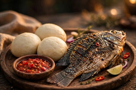 Ghanaian banku with whole grilled tilapia fish and red pepper sauce on wooden platter