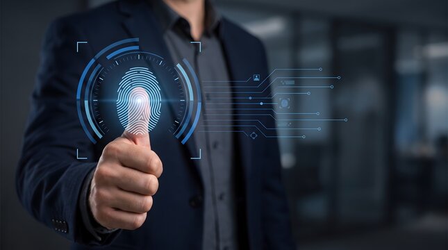 Man s thumb touching a futuristic fingerprint scanner with glowing biometric interface and digital circuit lines representing identity verification and security