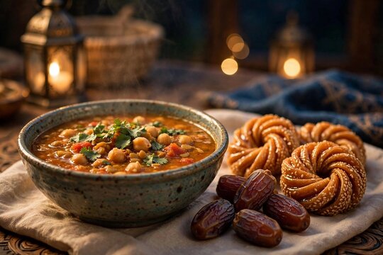 Moroccan harira soup with chickpeas lentils cilantro served with dates and chebakia