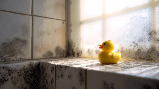 Rubber duck sits on bathroom ledge with mold on tiles and sunlight shining through a window