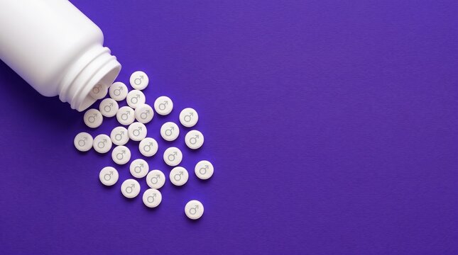 Male Health Pills Spilling From White Bottle On Purple Background