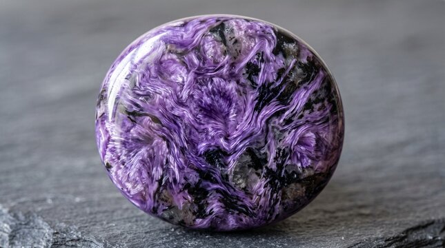 Round purple and dark grey textured abstract stone sphere sitting on a flat wooden surface