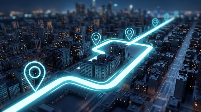 Aerial view of digital path with glowing location markers running through modern metropolitan city at night representing logistics tracking and smart urban navigation technology