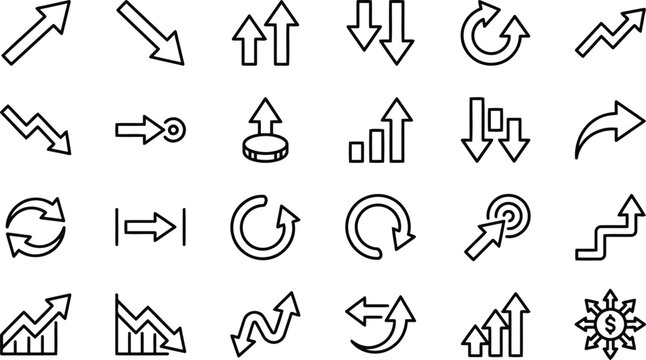 Set of various business and finance arrow icons isolated on white background