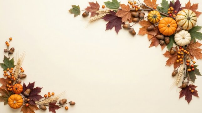 Autumn background with pumpkins and colorful fall leaves arranged in corners on a light beige surface
