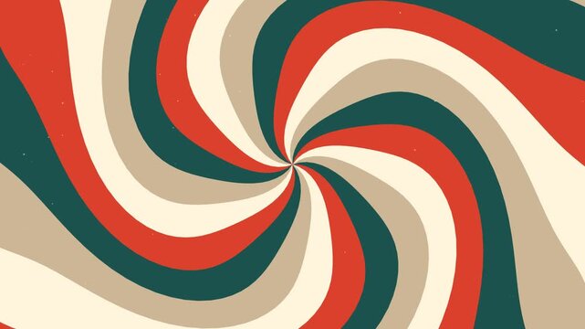 Retro rotating sunburst pattern features orange teal beige colors. groovy vintage spiral motion creates hypnotic effect.