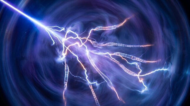 Bright purple electric lightning bolt striking through a dark swirling vortex of energy