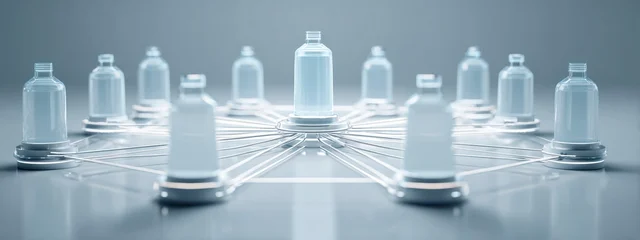 Multiple medical vials connected in a network with one highlighted central vial, illustrating a connected pharmaceutical system on a clean minimal background. banner © Анна Мартьянова