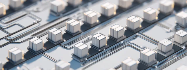 Cardboard shipping boxes connected in a digital network on a clean minimal background. Concept of logistics, supply chain management, parcel tracking, and connected distribution. banner © Анна Мартьянова