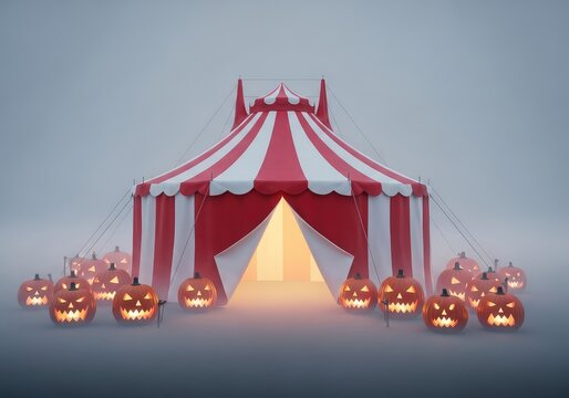 A striped circus tent stands in a dense fog surrounded by glowing orange pumpkins creating a spooky and festive Halloween horror scene, tent, fantasy, striped