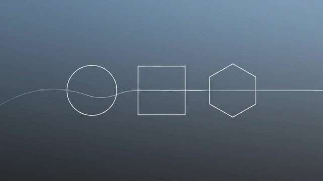 2D motion graphic of three simple geometric modules arranged horizontally, connected by one thin flowing line that travels smoothly from the first module to the third and loops back to the beginning