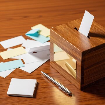 Close-up view of a wooden table featuring a ballot box, paper slips, and a pen, emphasizing the tangible process of choosing a future path, document, collection, election