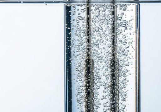 Detailed view of an electrolysis cell with metal electrodes submerged in water producing tiny hydrogen and oxygen gas bubbles for research, alkaline, renewable, solution
