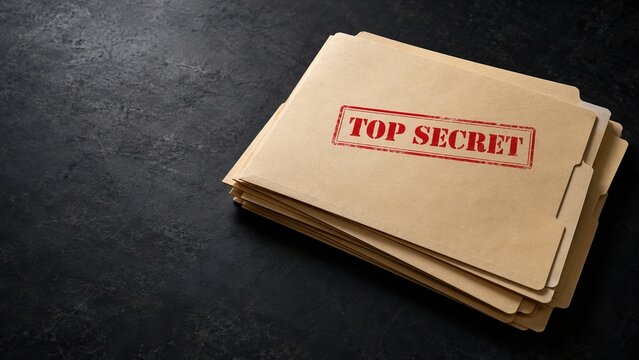 Top secret document folders on a dark office surface represent confidential information, classified records, restricted access, sensitive data, privacy and information security.
