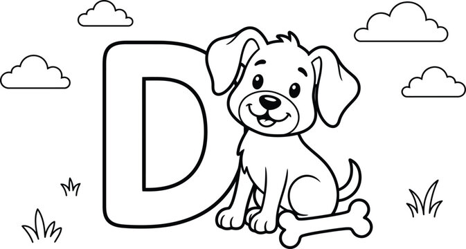 Cute cartoon dog sitting next to the letter d for kids coloring page activity
